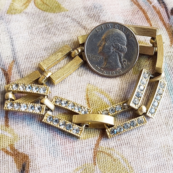 Unsigned Brass Tone Matte Clear Rhinestone Encrusted Rectangular Link Bracelet - Picture 10 of 14